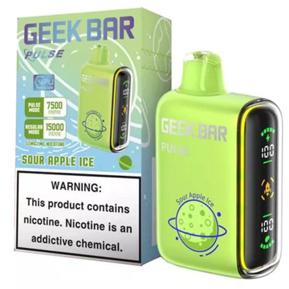 Packaging and product image for GEEK BAR Sour Apple Ice disposable vape, featuring the device in green color with an LED screen and product details.
